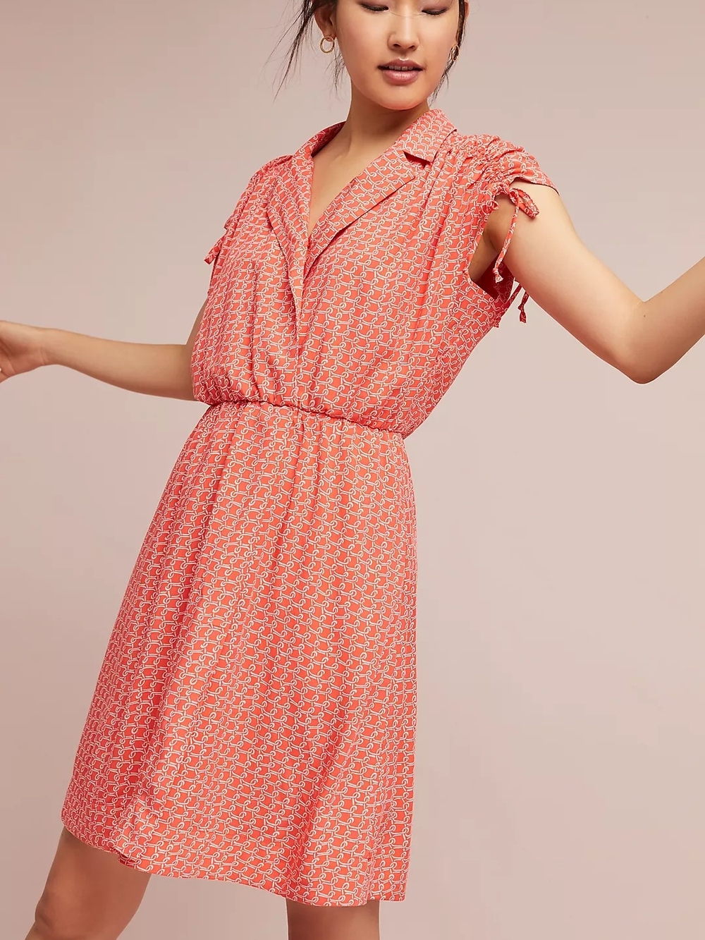 Maeve Anthropologie coral chain print collared shirt dress midi resort vacation